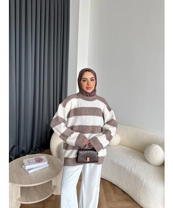 Mb-Eso Çizgili Triko Kazak - Vizon