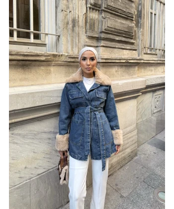 Melen Peluş Detaylı Kot Ceket