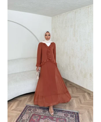 Meslen Şifon Elbise - Kiremit