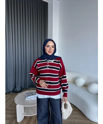 Mirlan Çizgi Detaylı Triko Kazak - Bordo - Lacivert