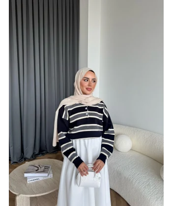 Mirlan Çizgi Detaylı Triko Kazak - Lacivert - Gri