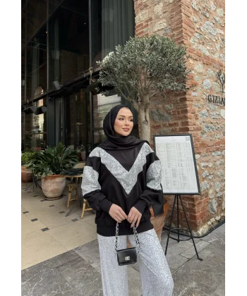 Molla Pul Detaylı Sweat Takım - Siyah