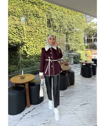 Monah Biyeli Kaşe Kaban - Bordo