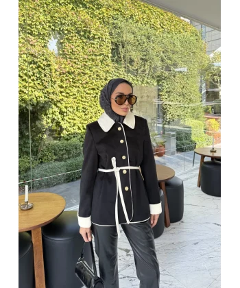 Monah Biyeli Kaşe Kaban - Siyah