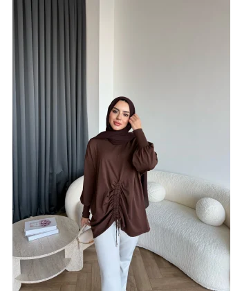 Mury Büzgü Detaylı Triko Kazak - Kahve