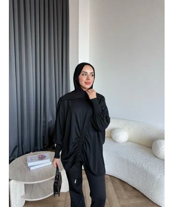 Mury Büzgü Detaylı Triko Kazak - Siyah