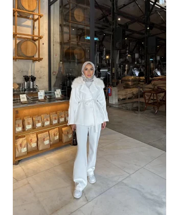 Natan Kürk Detaylı Scuba Takım - Ekru