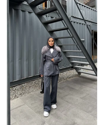 Natan Kürk Detaylı Scuba Takım - Gri