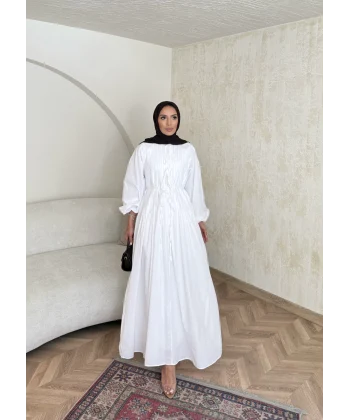 Nervür Bağlamalı Vual Elbise - Beyaz