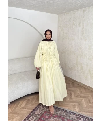 Nervür Bağlamalı Vual Elbise - Sarı -