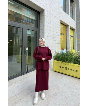 Nes Balon Kol Etekli Triko Takım - Bordo