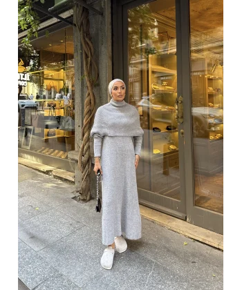 Nes Yaka Triko Elbise - Gri