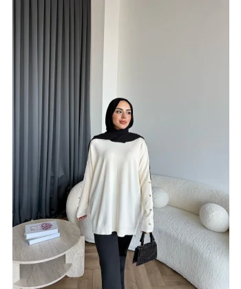 Nesy Kol Gold Düğmeli Triko Kazak - Ekru