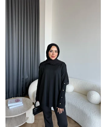 Nesy Kol Gold Düğmeli Triko Kazak - Siyah