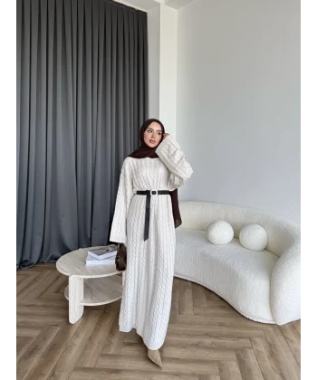 Nurs Örgü Detaylı Elbise - Bej