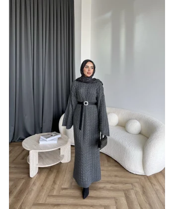 Nurs Örgü Detaylı Elbise - Gri