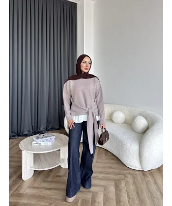 Ön Bağlamalı Triko Kazak - Vizon