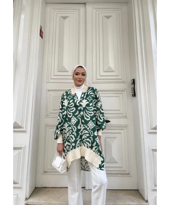 Önü Düğmeli Tunik - Yeşil - Krem