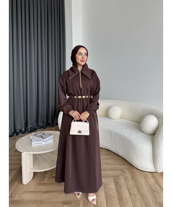 Özder Ön Fermuarlı Scuba Elbise - Acı Kahve