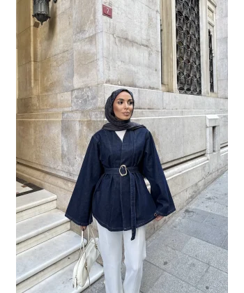 Peren Kemer Detaylı Kot Ceket - Mavi