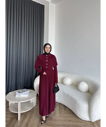 Piliseli Triko Elbise - Bordo