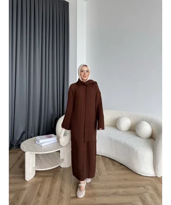 Pln-Atkı Örgü Triko Elbise - Acı Kahve