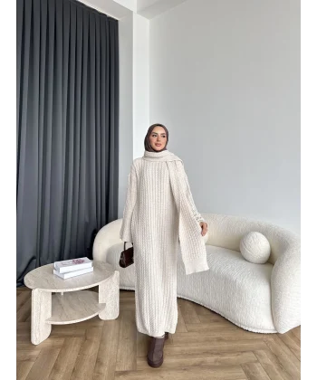 Pln-Atkı Örgü Triko Elbise - Bej