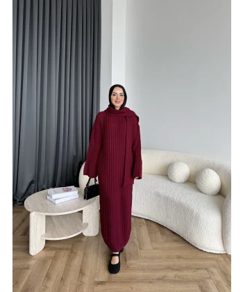 Pln-Atkı Örgü Triko Elbise - Bordo