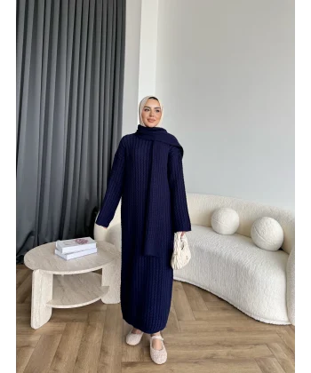 Pln-Atkı Örgü Triko Elbise - Lacivert