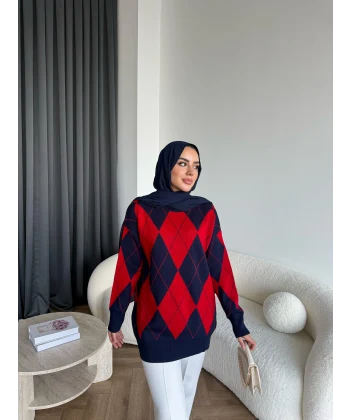 Pls-Baklava Desen Triko Kazak - Bordo