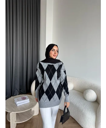 Pls-Baklava Desen Triko Kazak - Gri