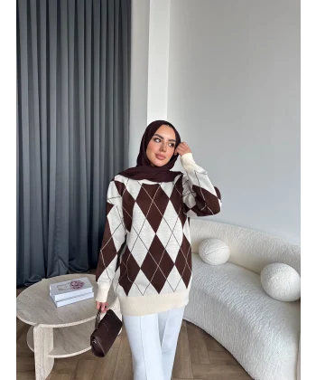 Pls-Baklava Desen Triko Kazak - Kahve