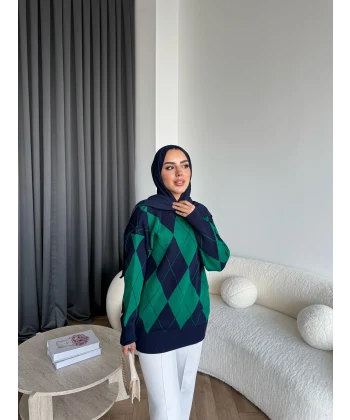 Pls-Baklava Desen Triko Kazak - Yeşil