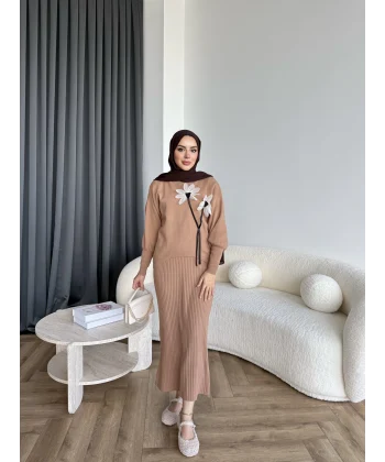 Pls-Çiçek Detay Jile Elbise - Camel