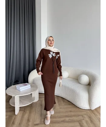 Pls-Çiçek Detay Jile Elbise - Kahve