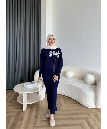 Pls-Çiçek Detay Jile Elbise - Lacivert