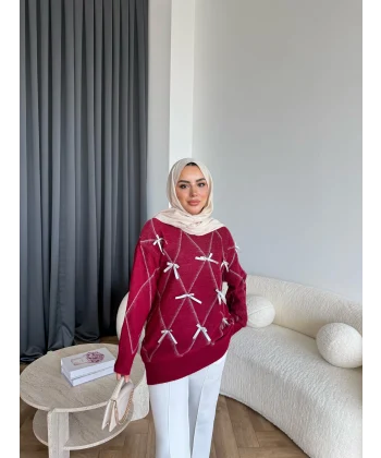 Pls-Kurdele Detay Triko Kazak - Bordo