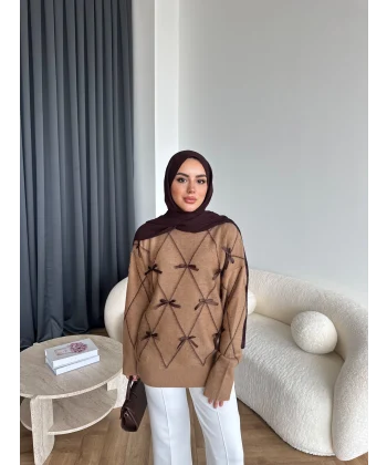 Pls-Kurdele Detay Triko Kazak - Camel