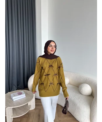 Pls-Kurdele Detay Triko Kazak - Yağ Yeşili