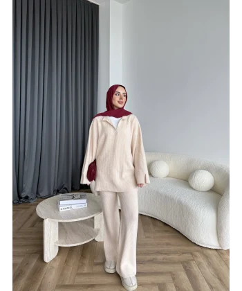 Polo Yaka Örgü Triko Takım - Bej