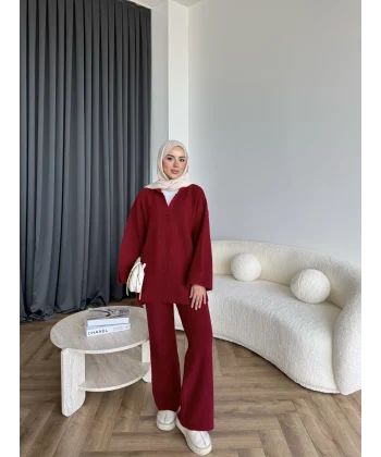 Polo Yaka Örgü Triko Takım - Bordo