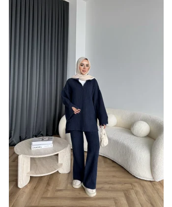 Polo Yaka Örgü Triko Takım - Lacivert