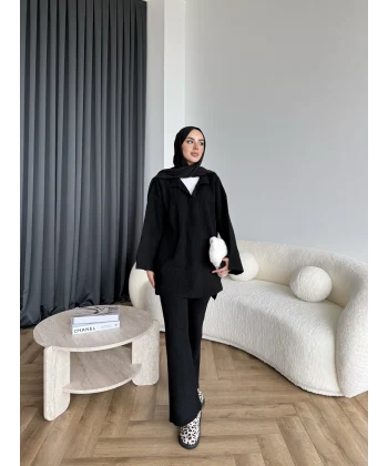 Polo Yaka Örgü Triko Takım - Siyah