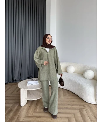 Polo Yaka Örgü Triko Takım - Yeşil