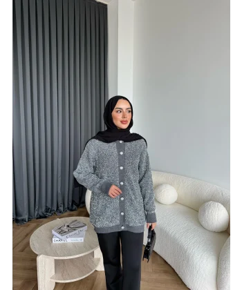 Pulia Simli Düğmeli Hırka - Gri