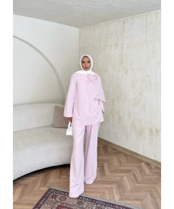 Raddan Pelerinli Keten Takım - Pembe