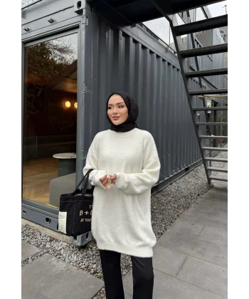 Sakallı Triko Tunik Kazak - Beyaz