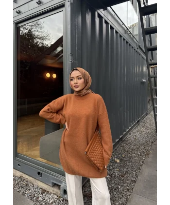 Sakallı Triko Tunik Kazak - Tarçın