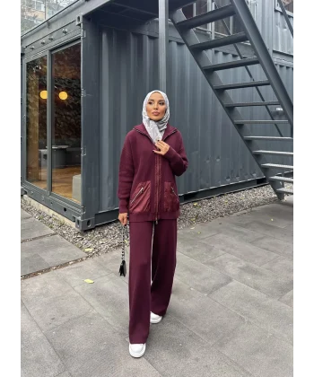 Selita Ön Fermuarlı Triko Takım - Bordo