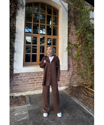 Simli Fermuarlı Triko Takım - Kahve